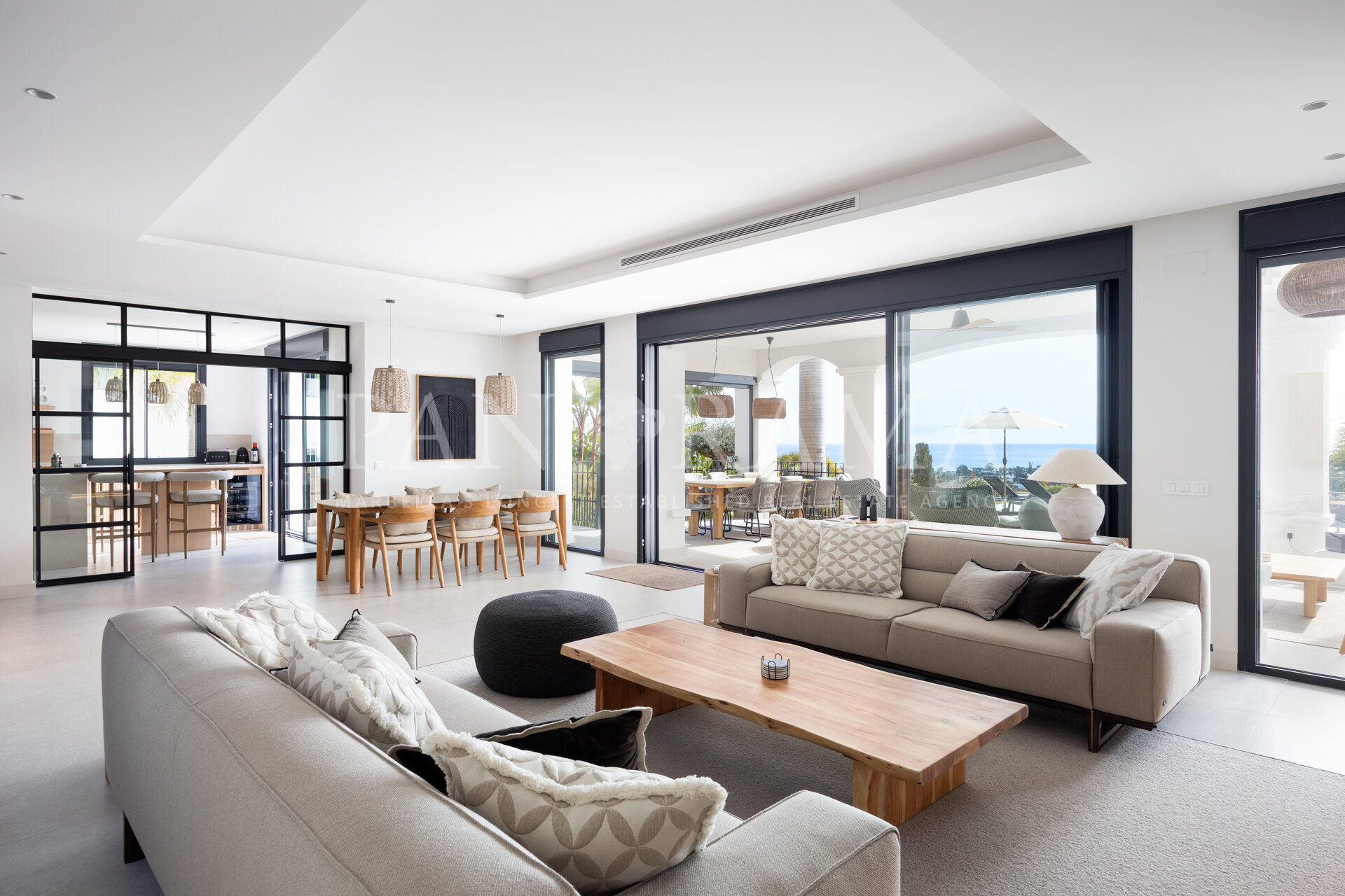 the interior: four bedrooms, seven bathrooms.